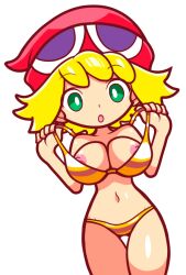 1girls :o accurate_art_style amitie areolae beanie big_breasts bikini blonde_hair breasts cleavage curvaceous curvy curvy_figure female furii_(artist) gold_bikini golden_bikini golden_week green_eyes light-skinned_female light_skin looking_at_viewer navel nipples open_mouth puyo_puyo puyo_puyo_artstyle sega shiny_skin short_hair solo thighs white_background