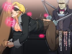 2boys ass blindfold blonde_female blonde_hair breasts charlemagne_(monsuno) cum cum_in_mouth fellatio gureko_rouman hair large_breasts monsuno oral pantyhose penetration rape tear text translation_request triple_penetration