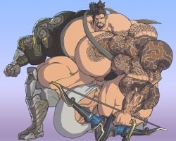 balls bara beard big_bulge big_muscles bulge clothing facial_hair flaccid hanzo human hyper_muscles hyper_penis male male_only muscles muscular overwatch overwatch_2 penis remert solo solo_male