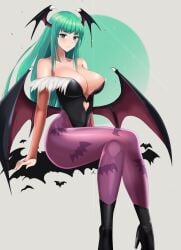 absurdres animal_print bad_id bad_pixiv_id bare_shoulders bat_print bat_wings blush breasts bridal_gauntlets cleavage closed_mouth clothing_cutout collarbone crossed_legs darkstalkers demon_girl edelritter female green_eyes green_hair head_wings heart_cutout high_heels highleg highleg_leotard highres large_breasts leotard long_hair looking_at_viewer low_wings mature_female milf morrigan_aensland pantyhose print_pantyhose purple_pantyhose seductive seductive_smile smile solo succubus wings