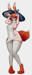 aurora_(league_of_legends) big_glasses bunny_ears bunny_girl bunny_tail feet freckles furry glasses hip_dips hourglass_figure league_of_legends leggings pale_skin paws purple_eyes rabbit_feet red_fur red_hair red_tail riot_games sideboob skrt004 thick_thighs thighs virgin_killer_sweater white_sweater wizard_hat