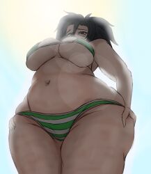 1girls akali_jhomen_tethi bikini breasts chubby chubby_female communisticeve female female_only human large_breasts league_of_legends low-angle_view solo solo_female thick_thighs viewed_from_below weight_gain wide_hips