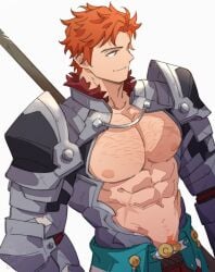 1boy abs alternate_muscle_size armor bara bare_pectorals big_pecs chest chest_hair cross_scar dutch_angle fire_emblem fire_emblem:_three_houses gauntlets highres looking_to_the_side male male_focus male_only muscular_male nintendo nipples orange_hair pauldrons pecs pectorals plain_background polearm_behind_back red_hair satodee scar scar_on_stomach short_hair short_hair_male shoulder_armor six_pack solo sparse_chest_hair sparse_navel_hair sylvain_jose_gautier upper_body weapon_on_back white_background