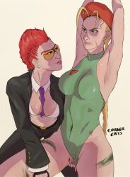 2girls armpits arms_up blonde_hair blue_eyes breasts cammy_white captured cleavage clitoral_hood clitoris cornercats crimson_viper earrings erect_clitoris female female_only fingering leotard leotard_aside lipstick multiple_girls parted_lips pussy red_hair simple_background street_fighter thighs tied_up yuri