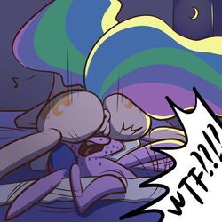 2013 anus bed cutie_mark duo equine facesitting female feral friendship_is_magic garam hair horse multicolored_hair musical_note my_little_pony open_mouth pony princess_celestia_(mlp) purple_fur purple_hair pussy text twilight_sparkle_(mlp) white_fur yuri