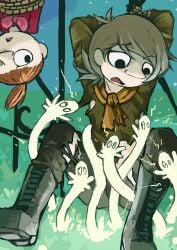 1boy 1girls arms_behind_head arms_up boots bound bound_wrists brother_and_sister brown_hair confusion figureitout full_body hattifatteners imminent_rape imminent_sex little_my male male_focus restrained sitting snufkin tentacle tentacle_on_male the_moomins torn_clothes