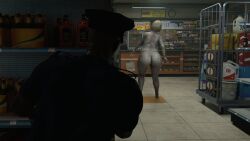 3d 3d_(artwork) 3d_model 3drendernoob capcom convenience_store cop dark-skinned_male dark_skin female female/male indoor_nudity indoors jill_valentine jill_valentine_(blonde) male/female melanin nervous police police_officer policeman resident_evil resident_evil_3 resident_evil_3_remake viewed_from_behind voluptuous voluptuous_female zombie zombie_girl zombification