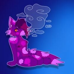 ambiguous_species blue_background female_only furry hidden_genitals looking_into_the_distance obscured_genitals orange_sclera original_character pointy_ears pubic_tuft purple_eyes purple_fur purple_hair sitting_down sitting_on_floor skinny small_breasts smoking_cigarette