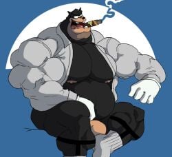 anthro balls bara big_muscles bulge cigar disney flaccid furry goof_troop male male_only muscles muscular penis peter_pete_sr. remert sitting solo solo_male