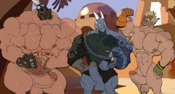 anthro balls bara big_muscles boner dragon erection flexing hanzo human junkrat male male_only muscles muscular nude overwatch overwatch_2 penis remert roadhog scalie sweat sweating