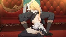 1boy alternate_costume apron ass backless_outfit black_pants black_skirt black_thighhighs blonde_hair breasts capelet clothed_sex couch darkness_(konosuba) enmaided fellatio female frilled_skirt frills green_capelet high_ponytail implied_fellatio keihh kono_subarashii_sekai_ni_shukufuku_wo! large_breasts long_sleeves maid maid_apron maid_headdress miniskirt pants puffy_sleeves satou_kazuma skirt spread_legs straight thighhighs