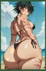 ai_generated ashaa beach beach_background big_ass big_butt bikini black_bikini black_hair bubble_butt green_hair green_outline jujutsu_kaisen medium_breasts orange_eyes pawg scars scars_all_over scars_on_arm scars_on_back scars_on_face scars_on_thighs smile smiling smiling_at_viewer yellow_eyes zenin_maki