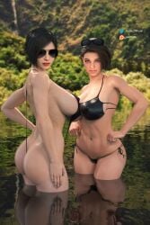 2girls 3d ada_wong ass ass_focus aviator_sunglasses bikini black_bikini black_hair breasts female_pervert glasses jill_valentine large_breasts mature_female multiple_girls panties presenting resident_evil short_hair sunglasses swimsuit tb25 tinted_eyewear