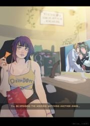 1girls bible_black blonde_hair eating female girly green_hair hentai ito_mika kitami_reika kyoka_jiro masturbation my_hero_academia nakama_sensei pre-cum precum_drip purple_hair solo_female text toy watching wet