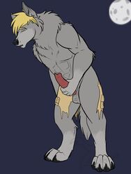 1boy 2013 anthro balls biceps binturongboy canine closed_eyes clothes erection fur hair human jr male male_only mammal masturbation moon muscles night nude pants penis solo transformation werewolf wolf