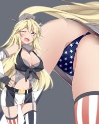 ;d american_flag_legwear american_flag_panties ass asymmetrical_legwear belt blonde_hair blue_panties breasts commentary female fingerless_gloves from_below front-tie_top garter_straps gloves grey_background grey_eyes highres iowa_(kantai_collection) kantai_collection large_breasts long_hair miniskirt mismatched_legwear mtu_(orewamuzituda) multiple_views one_eye_closed open_mouth panties pantyshot pencil_skirt photoshop_(medium) simple_background skirt smile star-shaped_pupils star_(symbol) star_print striped symbol-shaped_pupils thighhighs thong underwear upskirt vertical_stripes zettai_ryouiki