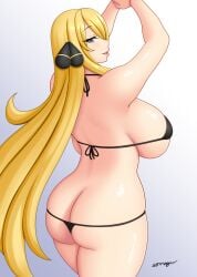 1girls 2024 ass ass_cleavage big_breasts bikini blonde_hair cynthia_(pokemon) female female_only grey_eyes long_hair looking_at_viewer micro_bikini nintendo pokemon pokemon_dppt smiling smiling_at_viewer solo somegu thick_ass thick_thighs