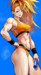 1girls abs absurd_res biceps blush breasts captain_mizuki cleavage hi_res large_breasts looking_at_viewer midriff muscular muscular_female navel obliques one-punch_man open_mouth orange_hair purple_eyes side_ponytail simple_background smile solo sports_bra sweat yoshi55level