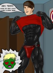 2boys abs alien biceps billy_kaplan black_hair blonde_hair brown_eyes canon_couple couple dark_hair dialogue gay_male green_body green_skin heart-shaped_pupils hulkling human marvel marvel_comics muscles muscular muscular_male pecs seductive seductive_look seductive_smile speech_bubble symbiote teddy_altman text text_bubble venomous venomousraf21 wiccan wizard