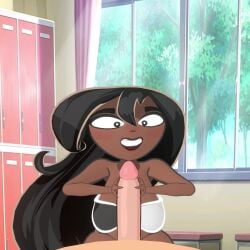 1boy 3d 3d_animation animated black_hair blender blender_eevee breasts breathing cartoony clothes dark-skinned_female female handjob highlandr34 light-skinned_male locker_room penis sound tagme video