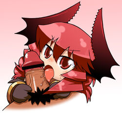 blush censored curly_hair demon_girl fellatio female horns ikuwiron licking long_hair male_pubic_hair maou_beluzel oral original penis pov precum pubic_hair red_eyes red_hair saliva solo sweat yuusha_to_maou