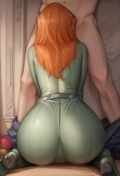 1boy 1boy1girl 1girls absurd_res ai_generated anaslex ass ass_focus belt bodysuit butt_focus ginger ginger_hair hi_res implied_oral implied_sex orange_hair partial_male sam_(totally_spies) tight_clothing totally_spies