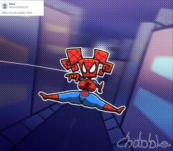 1girls alternate_version_available bodysuit cameltoe chabble city city_background crossover female female_only full_body humanoid mario_(series) marvel mimi_(super_paper_mario) paper_mario solo solo_female spider-man_(cosplay) spider-man_(series) spider-man_suit spider_web_print swinging web