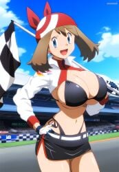 ai_art ai_generated anime_style bandana big_breasts bikini_top brown_hair cleavage female flag gamefreak gloves hand_on_hip huge_breasts human large_breasts may_(pokemon) mayday_(artist) nintendo pokemon pokemon_(anime) race_queen smile