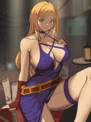 1girls arm_support big_breasts blonde_hair bonne_jenet breasts busty cleavage covered_erect_nipples covered_nipples dress erect_nipples_under_clothes fatal_fury female female_only fingerless_gloves garou:_mark_of_the_wolves gloves green_eyes hand_on_own_chest hi_res king_of_fighters king_of_fighters_xv large_breasts legs looking_at_viewer no_bra parted_lips rokuba sensual sitting smile snk solo source_request thick_thighs thighs thong visible_nipples