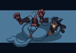 8bit_familiar animal_genitalia animal_penis anthro anus ass balls black_bars bodily_fluids canine_genitalia canine_penis cum digital_media_(artwork) ejaculation generation_4_pokemon genital_fluids genitals knot looking_pleasured lucario lying male masturbation nintendo on_back pawpads paws penis pink_pawpads pixel_(artwork) pokemon pokemon_(species) simple_background solo tail tongue tongue_out