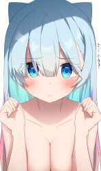 1female 1girl 1girls ? ?? arms_behind_head arms_up bangs bangs_between_eyes bangs_over_eyes blue_hair blush blush_lines blushing blushing_female breasts cat_ears cleavage covered_nipples covering covering_breasts double_bun embarrassed eyebrows_visible_through_hair eyes_visible_through_hair female gradient_hair hair hair_between_eyes hair_bun hair_buns hair_over_eyes hairbun hairbuns long_hair makoto_and7 monster_strike multicolored_hair naked neo_(monster_strike) nude pink_hair sidelocks small_breasts solo solo_female stretching two_side_up two_tone_hair white_background