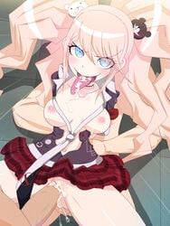 2boys arms_behind_back big_breasts blue_eyes breasts breasts_out cum cum_in_mouth cum_in_pussy danganronpa double_penetration female group_sex gyaru junko_enoshima long_hair loose_necktie male necktie no_panties open_clothes open_shirt penis pink_hair rbx_lamen sandwiched sex shirt skirt straight_hair threesome tied_hair tongue tongue_out translucent_hair twintails vaginal_penetration