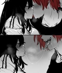 1boy 1girls black_hair blush blushing clothed female heart_(kurenaiz) k_(kurenaiz) kissing kurenaiz1 male open_mouth red_hair sharp_teeth tagme tongue wet_kiss white_background