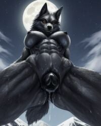 abs ai_generated animal_genitalia animal_pussy bedroom_eyes canine_genitalia canine_pussy female full_moon furry looking_at_viewer low-angle_view muscular muscular_female night pussy pussy_juice pussy_juice_drip pussy_juice_string rataddict solo sweatdrop wolf wolf_girl