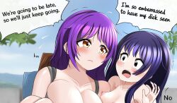 2girls blush breasts embarrassed embarrassed_nude_female english_text large_breasts multiple_girls nijiga_tarinai nude open_mouth original outdoors princess_carry public_nudity shoulder_bag small_breasts zenra