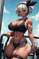 1girls abs ai_generated bea_(pokemon) big_breasts breasts busty_buff child_bearing_hips cleavage dark-skinned_female dark_skin facing_viewer game_freak gray_eyes gray_hair gym headband human_only large_breasts looking_at_viewer midriff muscular muscular_female navel nintendo nipples_visible_through_clothing pokemon pokemon_ss short_hair sports_bra tampopo thick_thighs thong thong_above_shorts toned toned_female white_hair wide_hips