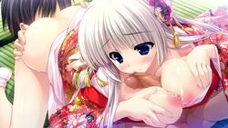 ashwin_aina blue_eyes blush breasts censored clochette female game_cg japanese_clothes male nipples no_bra nopan paizuri penis prism_recollection shintarou straight white_hair