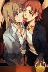 1boy 2girls barman bartender:_kami_no_glass blonde_hair blowjob cafekun censored collaborative_fellatio double_blowjob dressed fellatio female higuchi_yukari higuchi_yukari kurushima_miwa licking_penis long_hair male medium_hair multiple_girls oral oral_sex precum red_hair saliva sasakura_ryou teamwork whisky