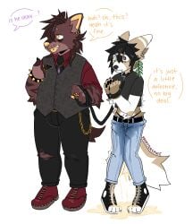 absurd_res alternative_fashion anthro bodily_fluids canid canine clothing crop_top duo embarrassed femboy fennec_fox fern_(rroostersauce) fox genital_fluids goth hi_res humiliation hyena juno_(rroostersauce) low-rise_pants male mammal objectification omorashi peeing peeing_self piercing rroostersauce shirt slightly_chubby thong_straps topwear true_fox urination urine watersports wetting