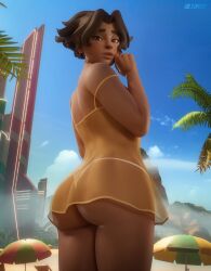 1girl 1girls 3d ass ass_focus axistryker background beach blizzard_entertainment brown_eyes brown_hair bubble_butt curvy curvy_figure dark_skin dat_ass female female_focus female_only lingerie looking_at_viewer overwatch overwatch_2 palm_tree panties see-through see-through_clothing short_hair tan_body tan_skin thick_ass thick_eyebrows thick_thighs thigh_strap thighs topwear umbrella venture wide_hips