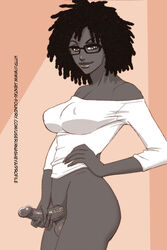 1futa afro anasheya balls dark-skinned_futanari dark_skin dickgirl futa_only futanari glasses hand_on_hip hand_on_penis holding_penis intersex kara_(anasheya) lipstick nipples_visible_through_clothing penis penis_grab solo solo_futa testicles ximena