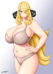 1girls 2024 big_breasts blonde_hair bra cynthia_(pokemon) female female_only grey_eyes hands_on_hips long_hair looking_at_viewer nintendo panties pokemon pokemon_dppt smiling smiling_at_viewer solo somegu thick_thighs