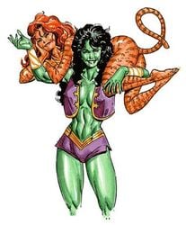 2girls artist_request big_breasts black_hair carrying carrying_over_shoulder carrying_partner cat_girl cat_tail clothed_female_nude_female female female_only green-skinned_female green_skin jacket marvel marvel_comics multiple_girls no_bra nude_female open_shirt orange_hair partially_clothed she-hulk short_shorts smile tigra unknown_artist white_background