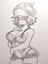 big_breasts canon_genderswap cleavage female female_only genderswap_(mtf) graphite_(artwork) hat headwear lingerie looking_at_viewer monochrome negligee nikaku1sk nipples_visible_through_clothing one_piece rule_63 shachi_(one_piece) short_hair solo sunglasses traditional_media_(artwork)