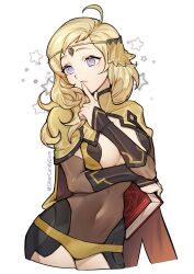 1girls absurdres ahoge antenna_hair bare_thighs blonde_hair book breasts circlet cleavage covered_navel female female_only finger_to_mouth fire_emblem fire_emblem_fates hand_up highres holding holding_book inner_thighs large_breasts long_hair nintendo ophelia_(fire_emblem) panties purple_eyes silvercandy_gum simple_background solo standing star_(symbol) thighs underwear white_background yellow_panties