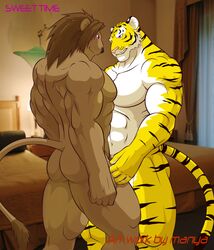 abs anthro ass blue_eyes eye_contact eyes feline furry furry_only gay hotel lion looking_at_another male manya muscles no_humans nude pecs red_eyes tail tiger