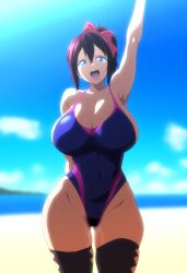 1girls ai_generated akane_nanao akane_wa_tsumare_somerareru belly belly_button big_breasts blue_eyes breasts clothed clothed_female clothing curvaceous curves curvy curvy_body curvy_female curvy_figure female female_only happy hips huge_breasts legwear navel novelai one-piece_swimsuit open_mouth pale-skinned_female pale_skin pubic_hair pussy_juice pussy_juice_drip ready_to_fuck red_hair ribbon solo stomach swimsuit swimwear thighhighs tight_clothing tight_fit voluptuous voluptuous_female wet wet_pussy white_skin