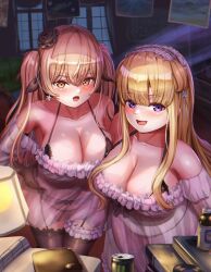 2girls black_bra black_legwear black_panties blonde_hair bra breasts brown_eyes double_bun earrings fletcher_(kantai_collection) garter_straps hair_bun hair_ornament highres indoors jewelry johnston_(kantai_collection) kantai_collection large_breasts light_brown_hair long_hair multiple_girls nightgown panties purple_eyes sabakuomoto sidelocks single_earring star_(symbol) star_earrings star_hair_ornament thighhighs two_side_up underwear