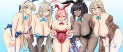 2024 5girls akane_(blue_archive) akane_(bunny)_(blue_archive) asuna_(blue_archive) asuna_(bunny)_(blue_archive) bent_over big_breasts black_hair blonde_hair blue_archive blue_eyes brown_eyes bunny_ears bunnysuit dark-skinned_female dark_skin detached_collar double_v female female_only fishnet_stockings fishnets glasses hair_over_one_eye huge_breasts karin_(blue_archive) karin_(bunny)_(blue_archive) light-skinned_female light_skin long_hair looking_at_viewer neck_ribbon neru_(blue_archive) neru_(bunny)_(blue_archive) pantyhose pink_hair red_eyes smiling smiling_at_viewer somegu thighhighs toki_(blue_archive) toki_(bunny)_(blue_archive) v_sign very_high_resolution white_pantyhose white_thighhighs wrist_cuffs yellow_eyes