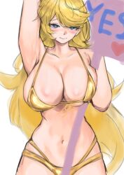 armpits bikini blush duel_masters duel_masters_play's elena_(duel_masters) embarrassed english_text gold_bikini heart holding_sign huge_breasts looking_away looking_down one_arm_up text